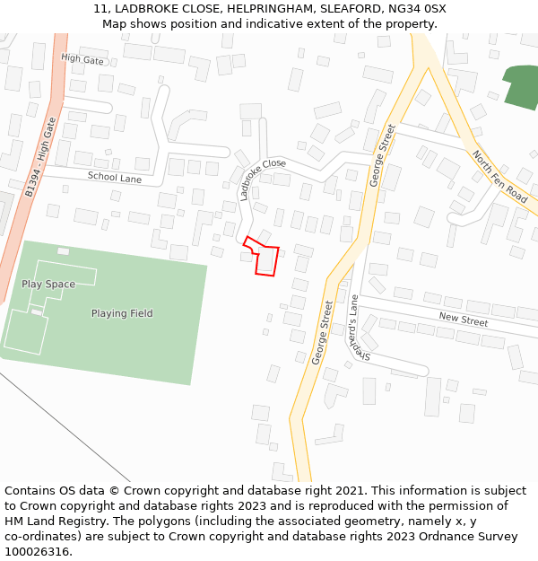 11, LADBROKE CLOSE, HELPRINGHAM, SLEAFORD, NG34 0SX: Location map and indicative extent of plot