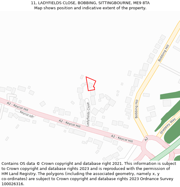 11, LADYFIELDS CLOSE, BOBBING, SITTINGBOURNE, ME9 8TA: Location map and indicative extent of plot