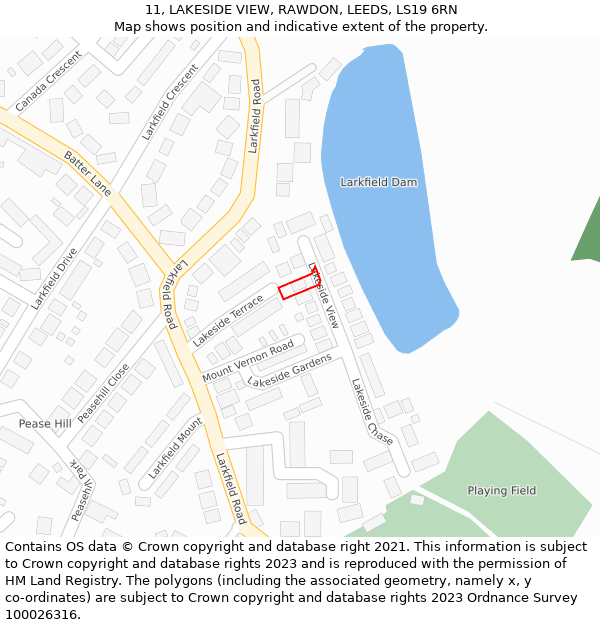 11, LAKESIDE VIEW, RAWDON, LEEDS, LS19 6RN: Location map and indicative extent of plot