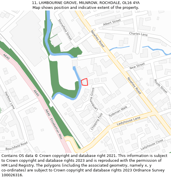 11, LAMBOURNE GROVE, MILNROW, ROCHDALE, OL16 4YA: Location map and indicative extent of plot