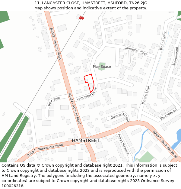 11, LANCASTER CLOSE, HAMSTREET, ASHFORD, TN26 2JG: Location map and indicative extent of plot