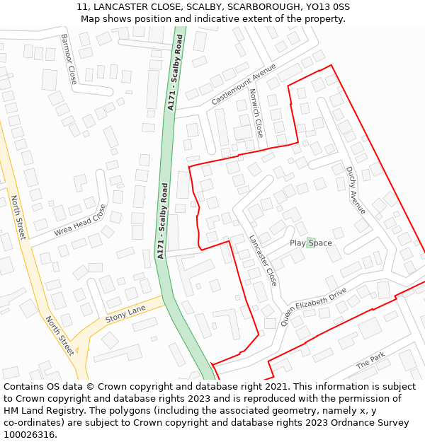 11, LANCASTER CLOSE, SCALBY, SCARBOROUGH, YO13 0SS: Location map and indicative extent of plot