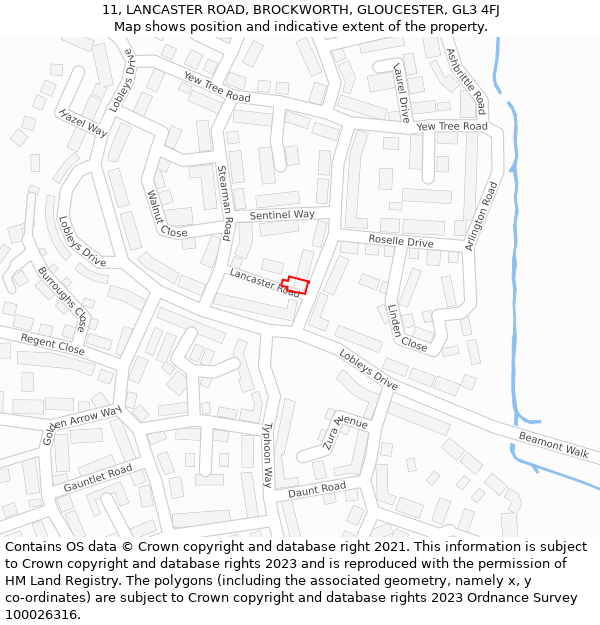 11, LANCASTER ROAD, BROCKWORTH, GLOUCESTER, GL3 4FJ: Location map and indicative extent of plot