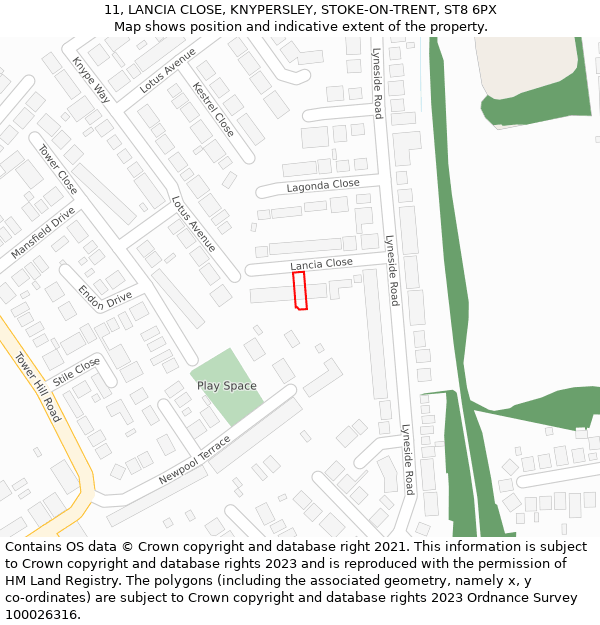 11, LANCIA CLOSE, KNYPERSLEY, STOKE-ON-TRENT, ST8 6PX: Location map and indicative extent of plot