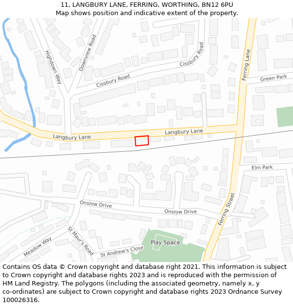 11, LANGBURY LANE, FERRING, WORTHING, BN12 6PU: Location map and indicative extent of plot