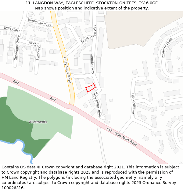 11, LANGDON WAY, EAGLESCLIFFE, STOCKTON-ON-TEES, TS16 0GE: Location map and indicative extent of plot