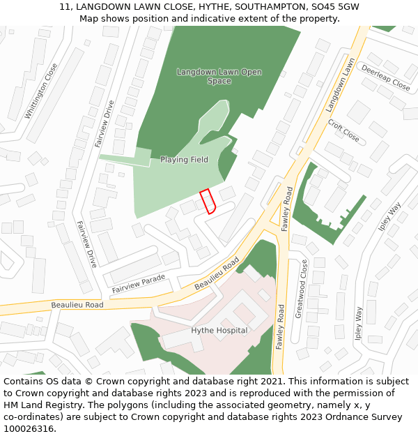 11, LANGDOWN LAWN CLOSE, HYTHE, SOUTHAMPTON, SO45 5GW: Location map and indicative extent of plot