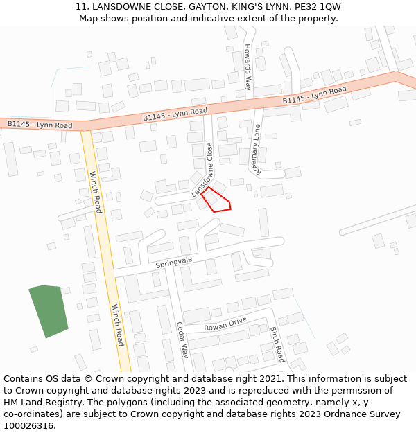 11, LANSDOWNE CLOSE, GAYTON, KING'S LYNN, PE32 1QW: Location map and indicative extent of plot