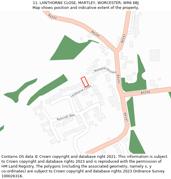 11, LANTHORNE CLOSE, MARTLEY, WORCESTER, WR6 6BJ: Location map and indicative extent of plot