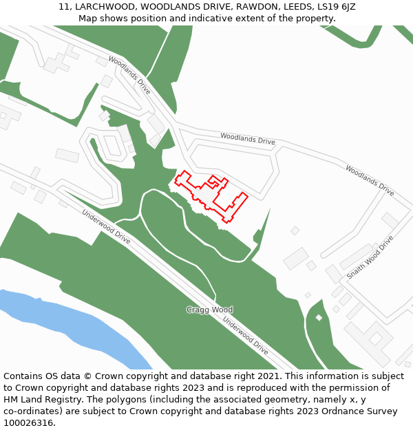 11, LARCHWOOD, WOODLANDS DRIVE, RAWDON, LEEDS, LS19 6JZ: Location map and indicative extent of plot