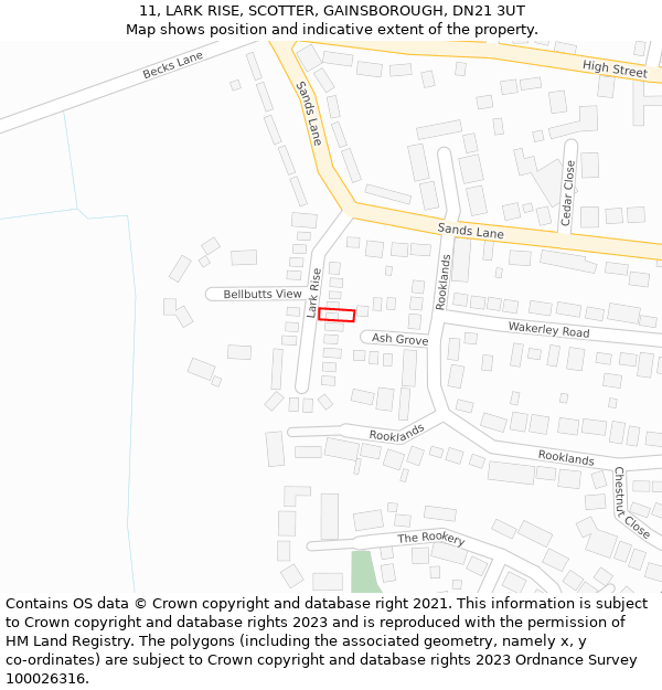 11, LARK RISE, SCOTTER, GAINSBOROUGH, DN21 3UT: Location map and indicative extent of plot