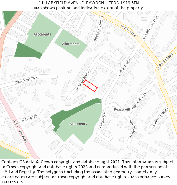 11, LARKFIELD AVENUE, RAWDON, LEEDS, LS19 6EN: Location map and indicative extent of plot