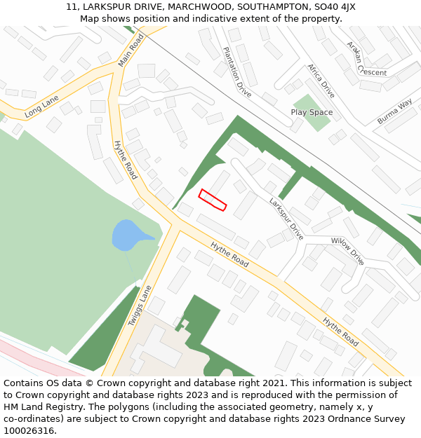 11, LARKSPUR DRIVE, MARCHWOOD, SOUTHAMPTON, SO40 4JX: Location map and indicative extent of plot