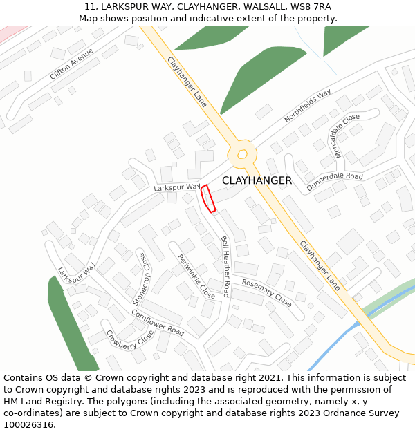 11, LARKSPUR WAY, CLAYHANGER, WALSALL, WS8 7RA: Location map and indicative extent of plot