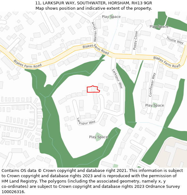 11, LARKSPUR WAY, SOUTHWATER, HORSHAM, RH13 9GR: Location map and indicative extent of plot