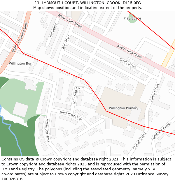 11, LARMOUTH COURT, WILLINGTON, CROOK, DL15 0FG: Location map and indicative extent of plot