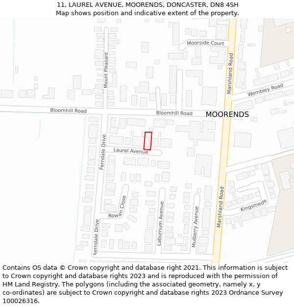 11, LAUREL AVENUE, MOORENDS, DONCASTER, DN8 4SH: Location map and indicative extent of plot