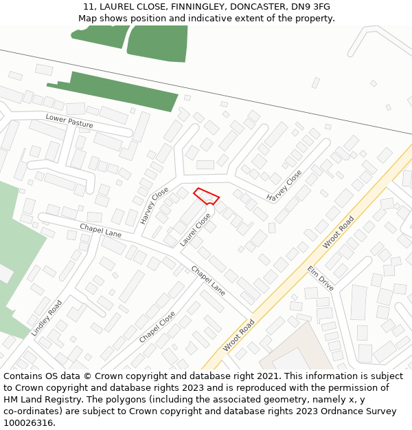 11, LAUREL CLOSE, FINNINGLEY, DONCASTER, DN9 3FG: Location map and indicative extent of plot