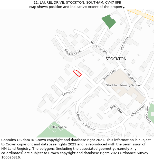 11, LAUREL DRIVE, STOCKTON, SOUTHAM, CV47 8FB: Location map and indicative extent of plot