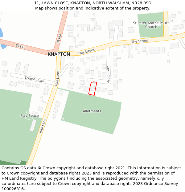 11, LAWN CLOSE, KNAPTON, NORTH WALSHAM, NR28 0SD: Location map and indicative extent of plot