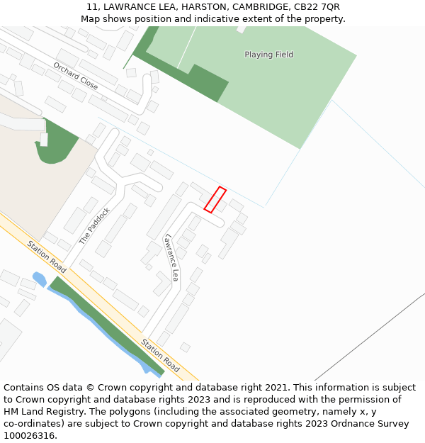 11, LAWRANCE LEA, HARSTON, CAMBRIDGE, CB22 7QR: Location map and indicative extent of plot