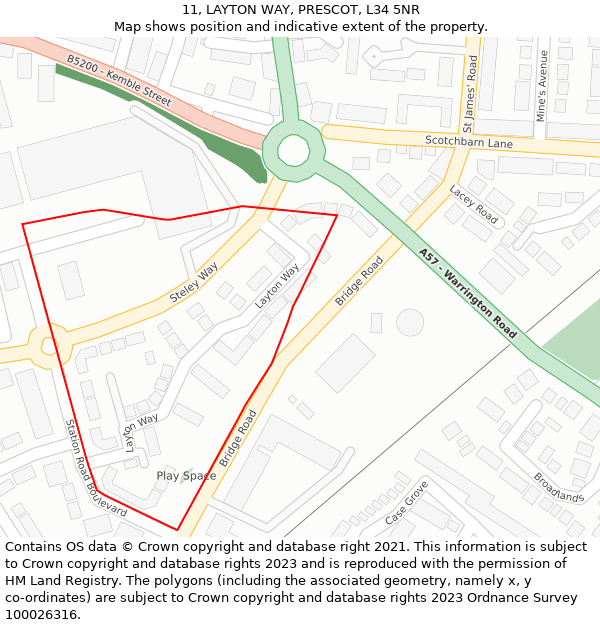 11, LAYTON WAY, PRESCOT, L34 5NR: Location map and indicative extent of plot