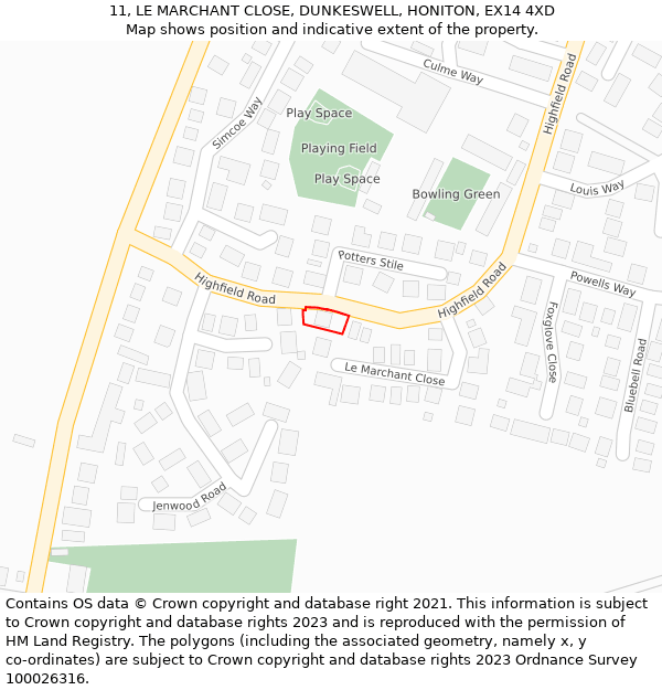 11, LE MARCHANT CLOSE, DUNKESWELL, HONITON, EX14 4XD: Location map and indicative extent of plot