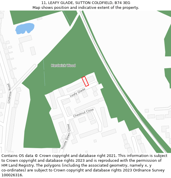 11, LEAFY GLADE, SUTTON COLDFIELD, B74 3EG: Location map and indicative extent of plot