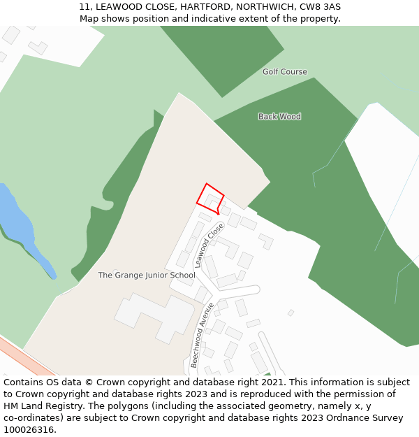 11, LEAWOOD CLOSE, HARTFORD, NORTHWICH, CW8 3AS: Location map and indicative extent of plot