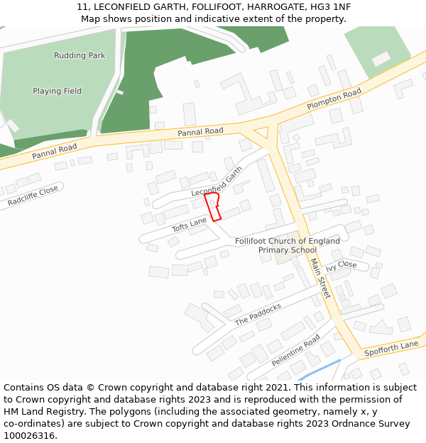 11, LECONFIELD GARTH, FOLLIFOOT, HARROGATE, HG3 1NF: Location map and indicative extent of plot