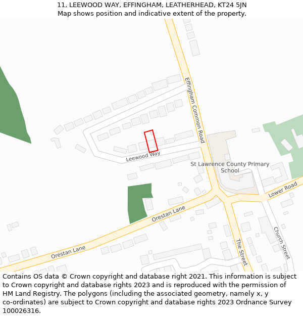 11, LEEWOOD WAY, EFFINGHAM, LEATHERHEAD, KT24 5JN: Location map and indicative extent of plot