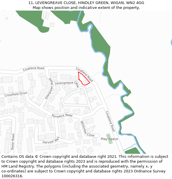 11, LEVENGREAVE CLOSE, HINDLEY GREEN, WIGAN, WN2 4GG: Location map and indicative extent of plot