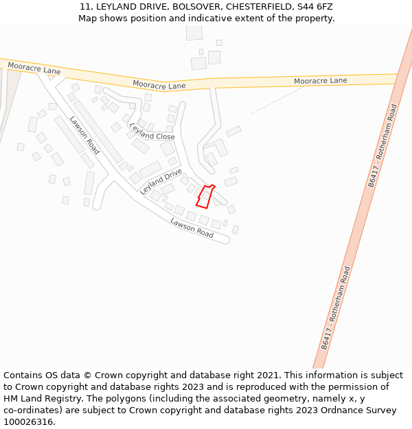 11, LEYLAND DRIVE, BOLSOVER, CHESTERFIELD, S44 6FZ: Location map and indicative extent of plot