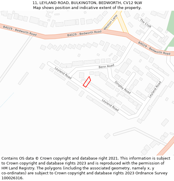 11, LEYLAND ROAD, BULKINGTON, BEDWORTH, CV12 9LW: Location map and indicative extent of plot