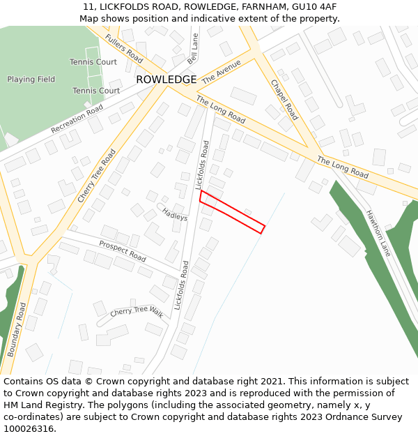 11, LICKFOLDS ROAD, ROWLEDGE, FARNHAM, GU10 4AF: Location map and indicative extent of plot