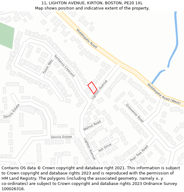 11, LIGHTON AVENUE, KIRTON, BOSTON, PE20 1XL: Location map and indicative extent of plot