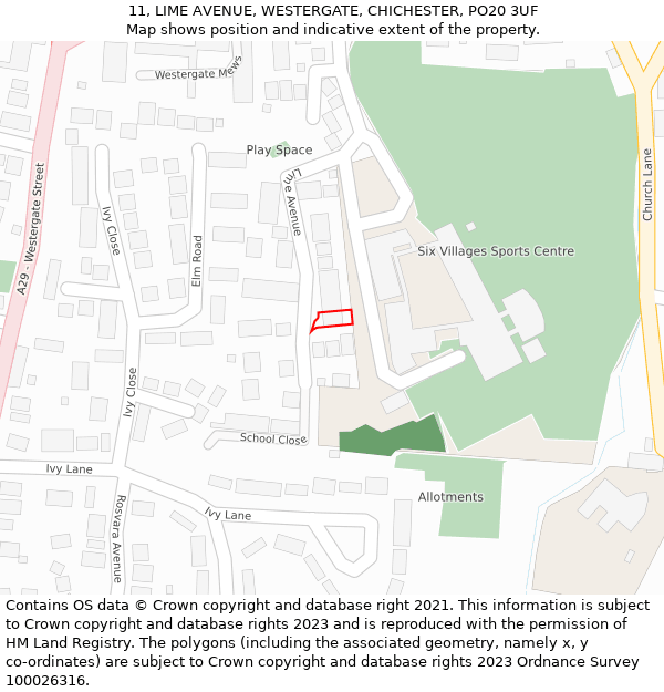 11, LIME AVENUE, WESTERGATE, CHICHESTER, PO20 3UF: Location map and indicative extent of plot