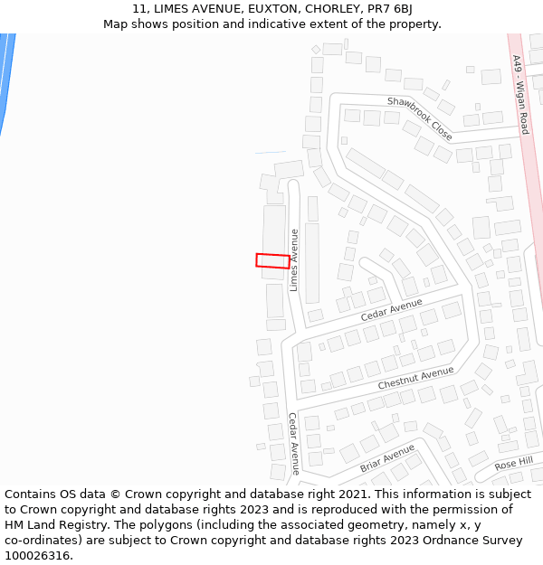 11, LIMES AVENUE, EUXTON, CHORLEY, PR7 6BJ: Location map and indicative extent of plot