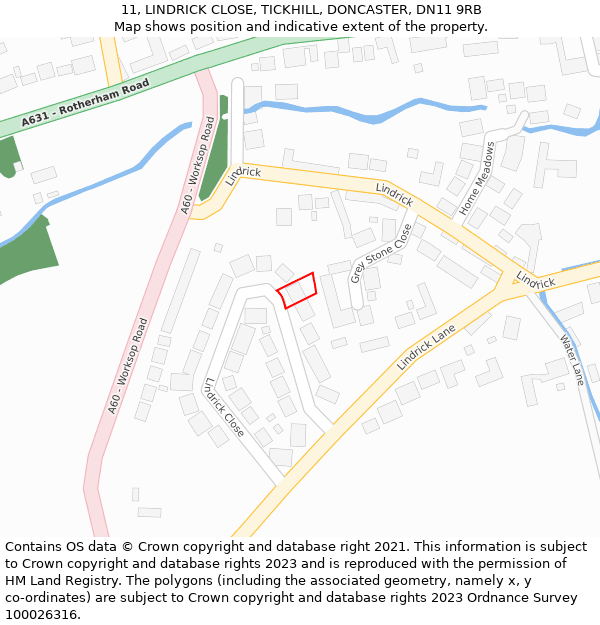 11, LINDRICK CLOSE, TICKHILL, DONCASTER, DN11 9RB: Location map and indicative extent of plot