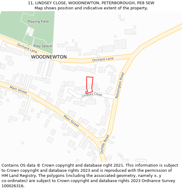 11, LINDSEY CLOSE, WOODNEWTON, PETERBOROUGH, PE8 5EW: Location map and indicative extent of plot