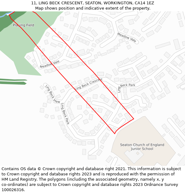 11, LING BECK CRESCENT, SEATON, WORKINGTON, CA14 1EZ: Location map and indicative extent of plot