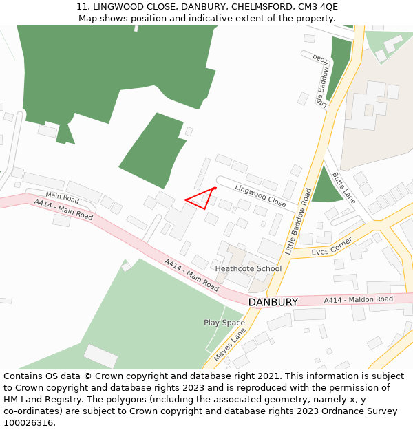11, LINGWOOD CLOSE, DANBURY, CHELMSFORD, CM3 4QE: Location map and indicative extent of plot