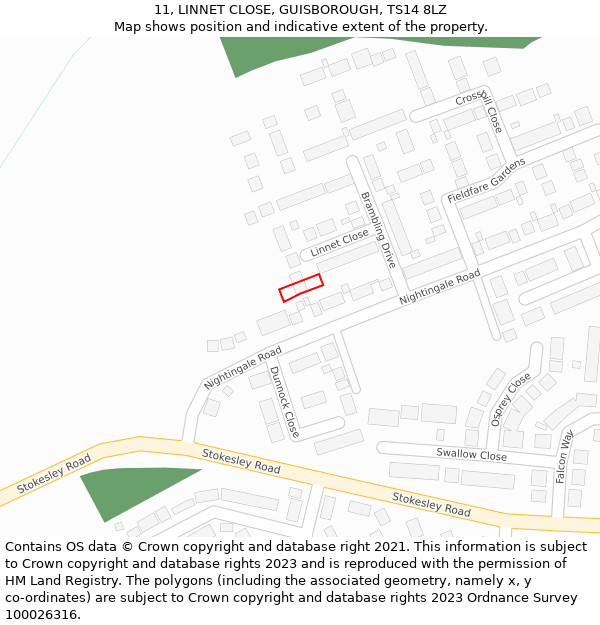 11, LINNET CLOSE, GUISBOROUGH, TS14 8LZ: Location map and indicative extent of plot