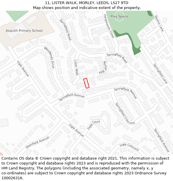 11, LISTER WALK, MORLEY, LEEDS, LS27 9TD: Location map and indicative extent of plot