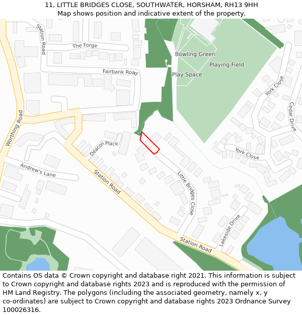 11, LITTLE BRIDGES CLOSE, SOUTHWATER, HORSHAM, RH13 9HH: Location map and indicative extent of plot