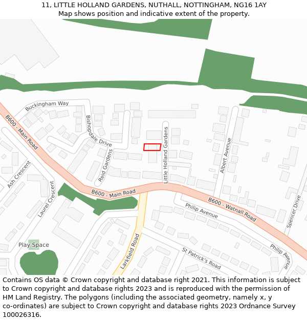 11, LITTLE HOLLAND GARDENS, NUTHALL, NOTTINGHAM, NG16 1AY: Location map and indicative extent of plot