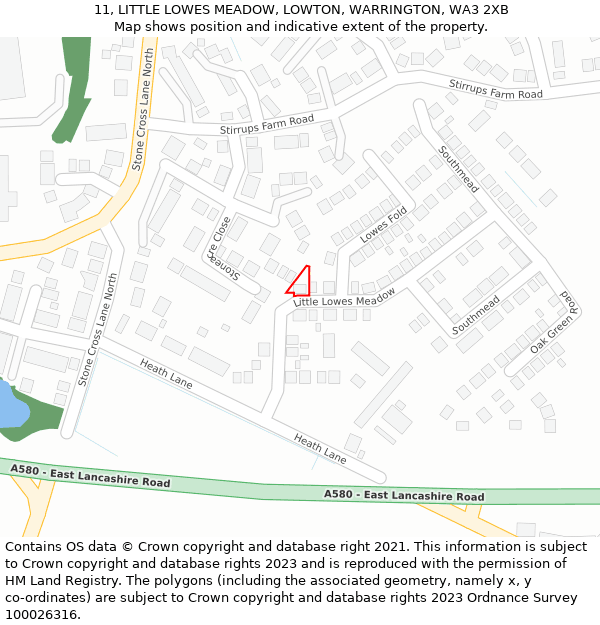 11, LITTLE LOWES MEADOW, LOWTON, WARRINGTON, WA3 2XB: Location map and indicative extent of plot