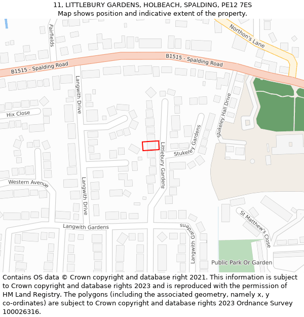 11, LITTLEBURY GARDENS, HOLBEACH, SPALDING, PE12 7ES: Location map and indicative extent of plot