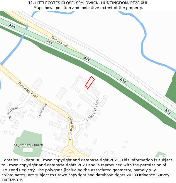 11, LITTLECOTES CLOSE, SPALDWICK, HUNTINGDON, PE28 0UL: Location map and indicative extent of plot