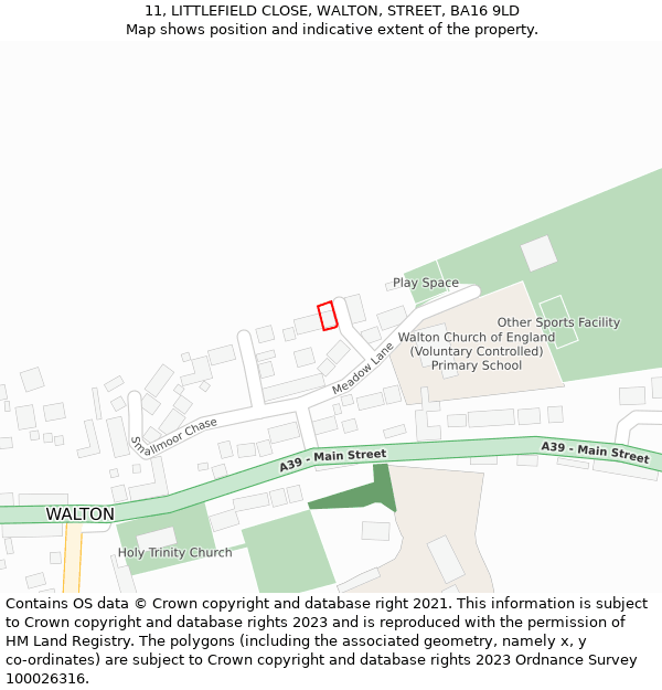 11, LITTLEFIELD CLOSE, WALTON, STREET, BA16 9LD: Location map and indicative extent of plot